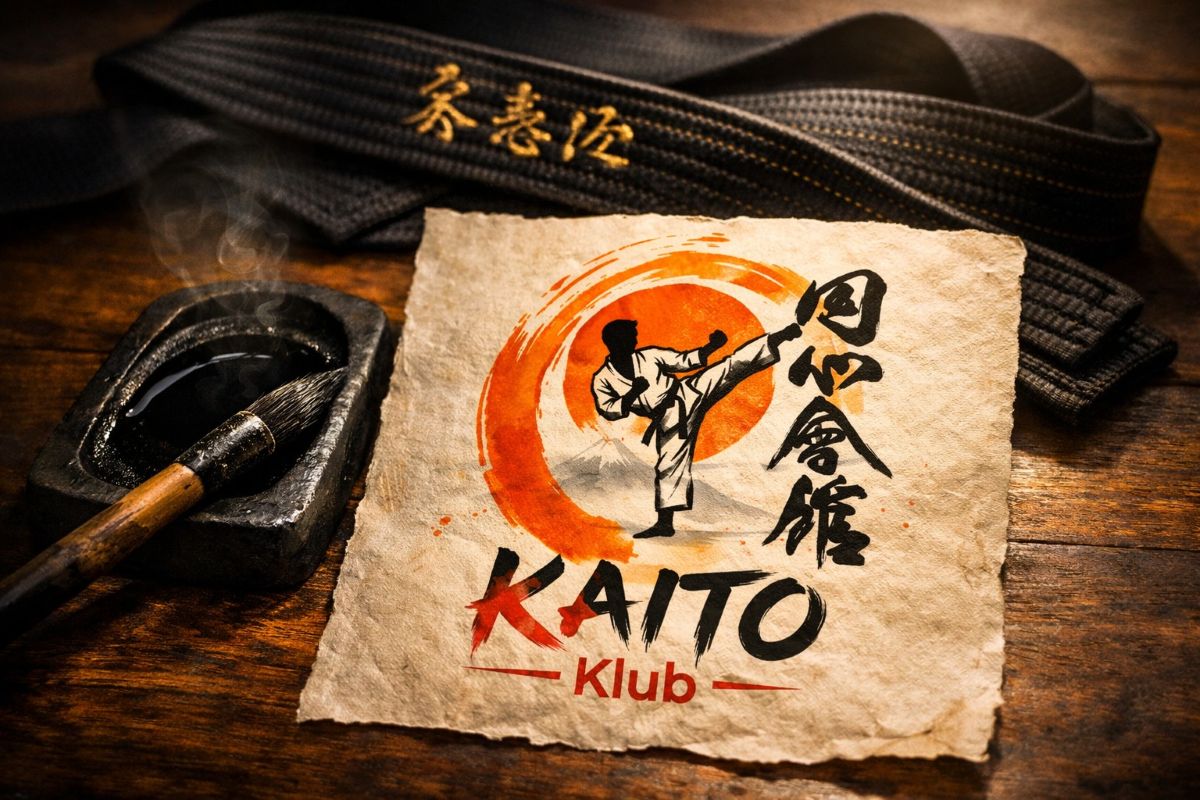 Pędzel do kaligrafii i pomarańczowy okrąg Enso obok czarnego pasa karate - symbolika logo KAITO.