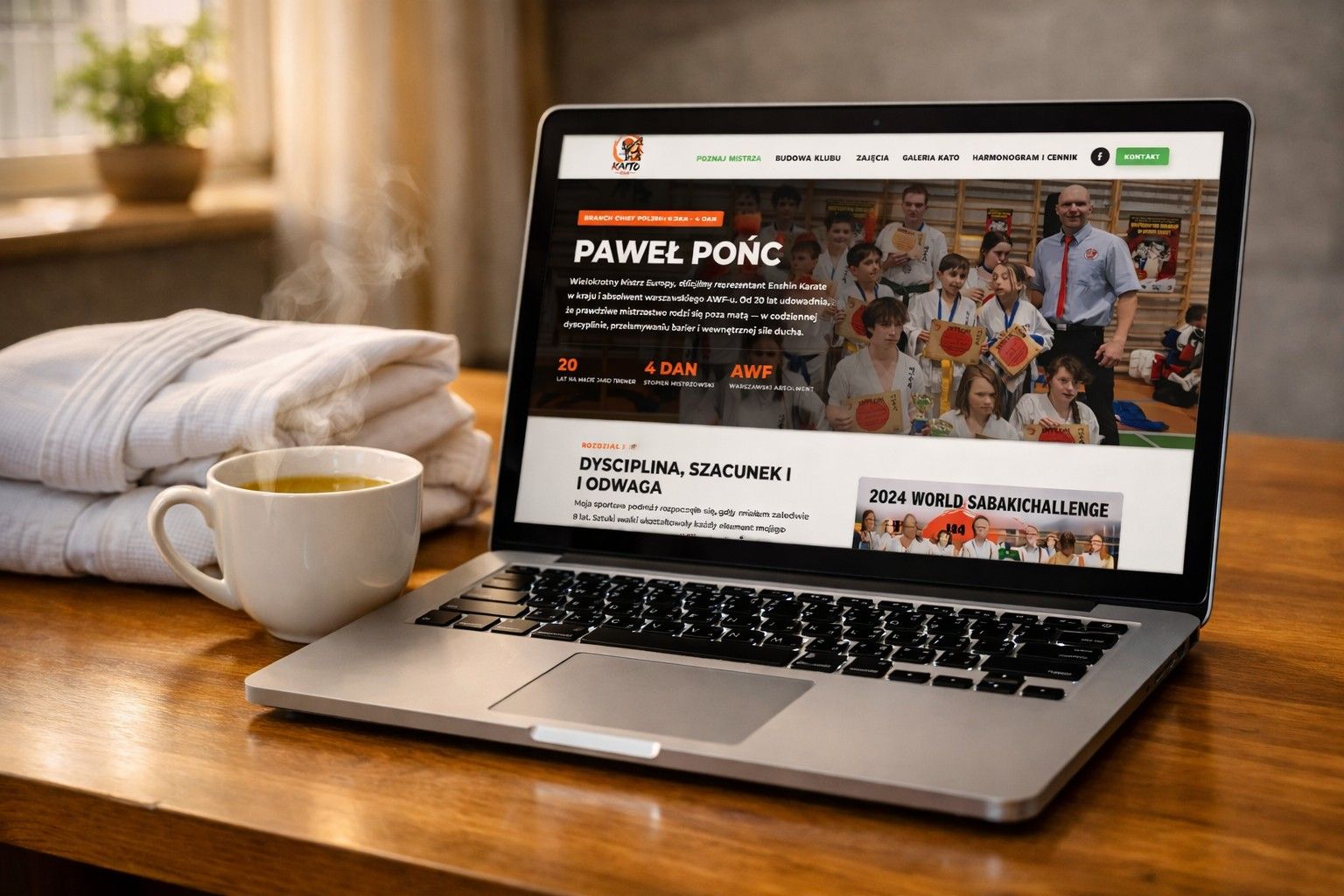 Laptop z otwartą nową stroną internetową klubu KAITO leżący na biurku obok kimona.
